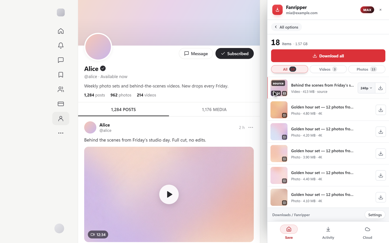 The real Fanripper drawer: “Download all” saves every photo and video on the page in one click.