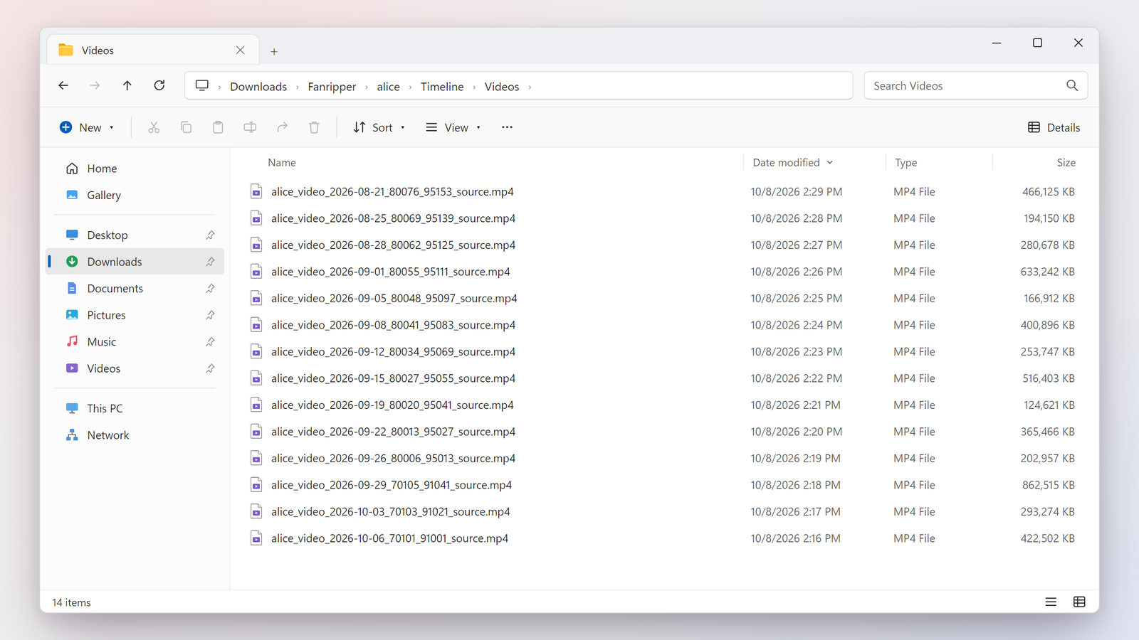 Fanripper’s downloads in File Explorer: Downloads › Fanripper › alice › Timeline › Videos, each video named by creator, type, post date, post and media number, and quality.