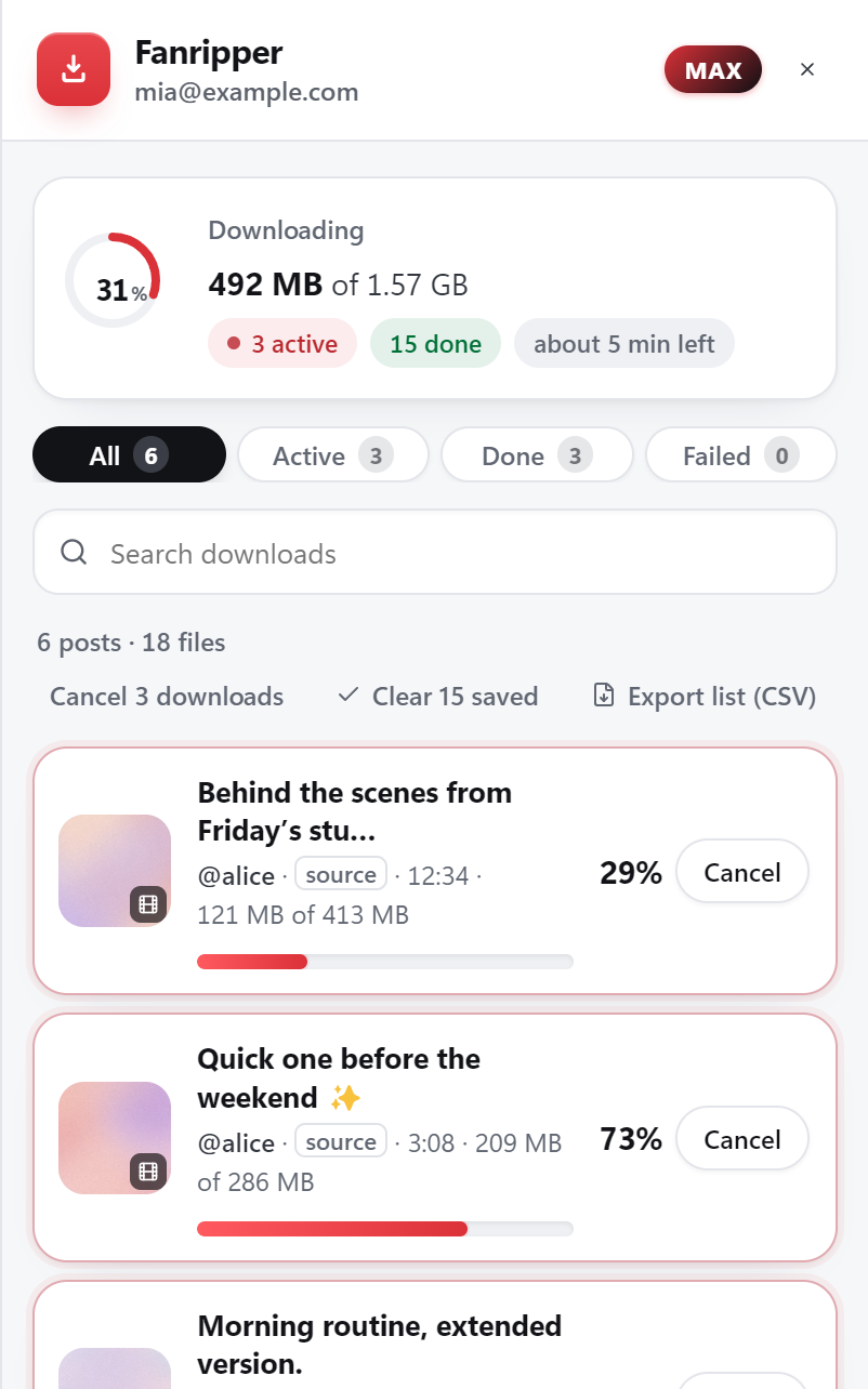 The real Fanripper download drawer, Activity tab: 492 MB of 1.57 GB downloading, three videos in progress and 15 files done, each video with its live percentage and Cancel.