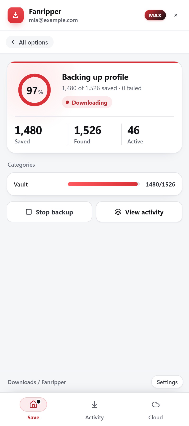 The real Fanripper drawer backing up a creator’s own Vault: 1,480 of 1,526 saved, the Vault’s live progress bar, and Stop backup.